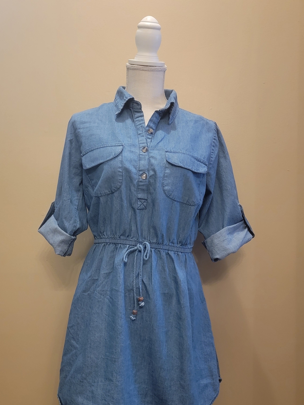 Light Blue Denim Shirt Dress with Drawstring Waist